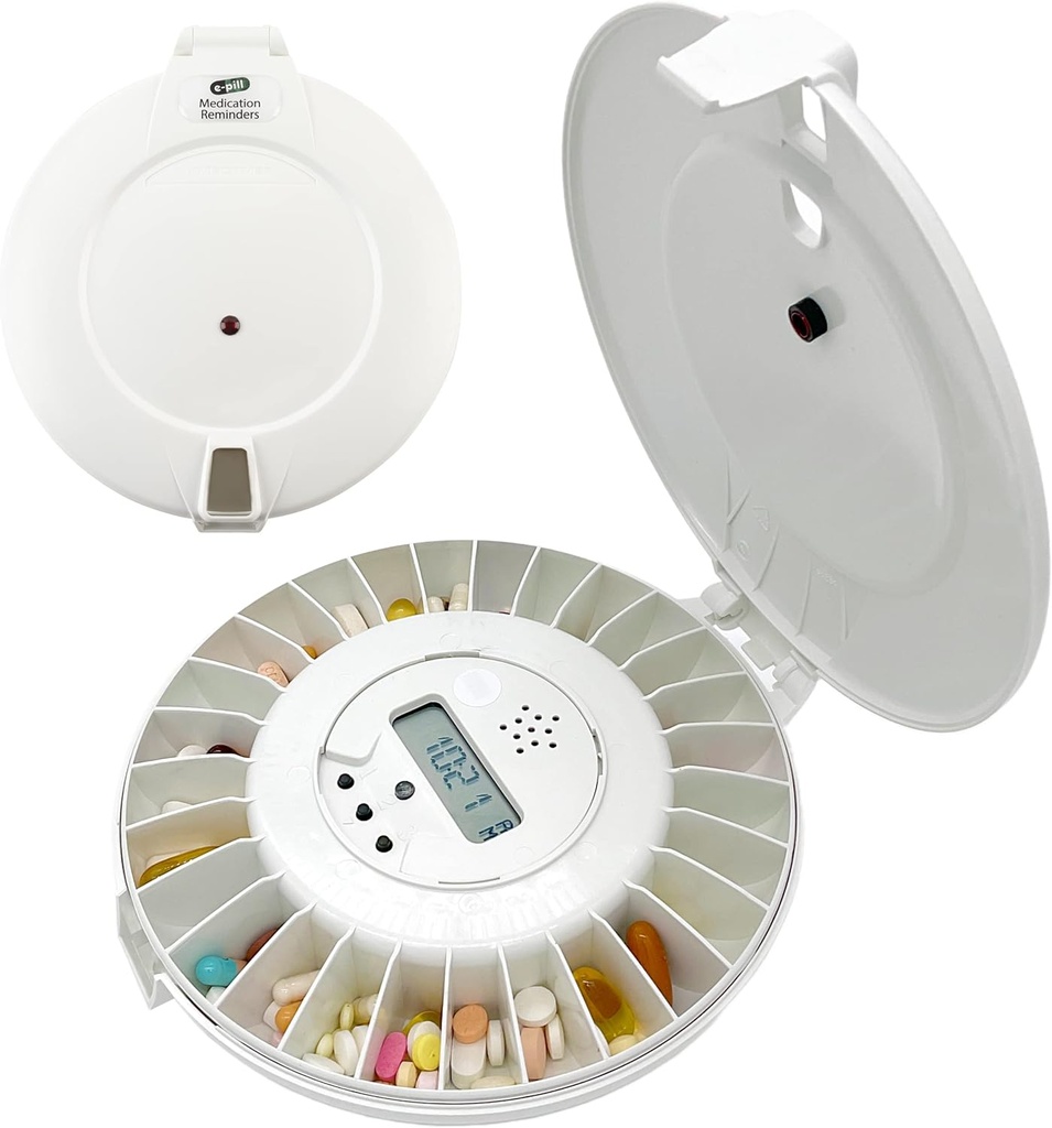 e-Pill MedTime zaklenjena avtomatska tabletka Dispenser – Secure, enostaven za uporabo Organizator z 24 Dnevni alarmi – Idealno za starejše, Demenca, in Alzheimerjevo nego – Bela Lid