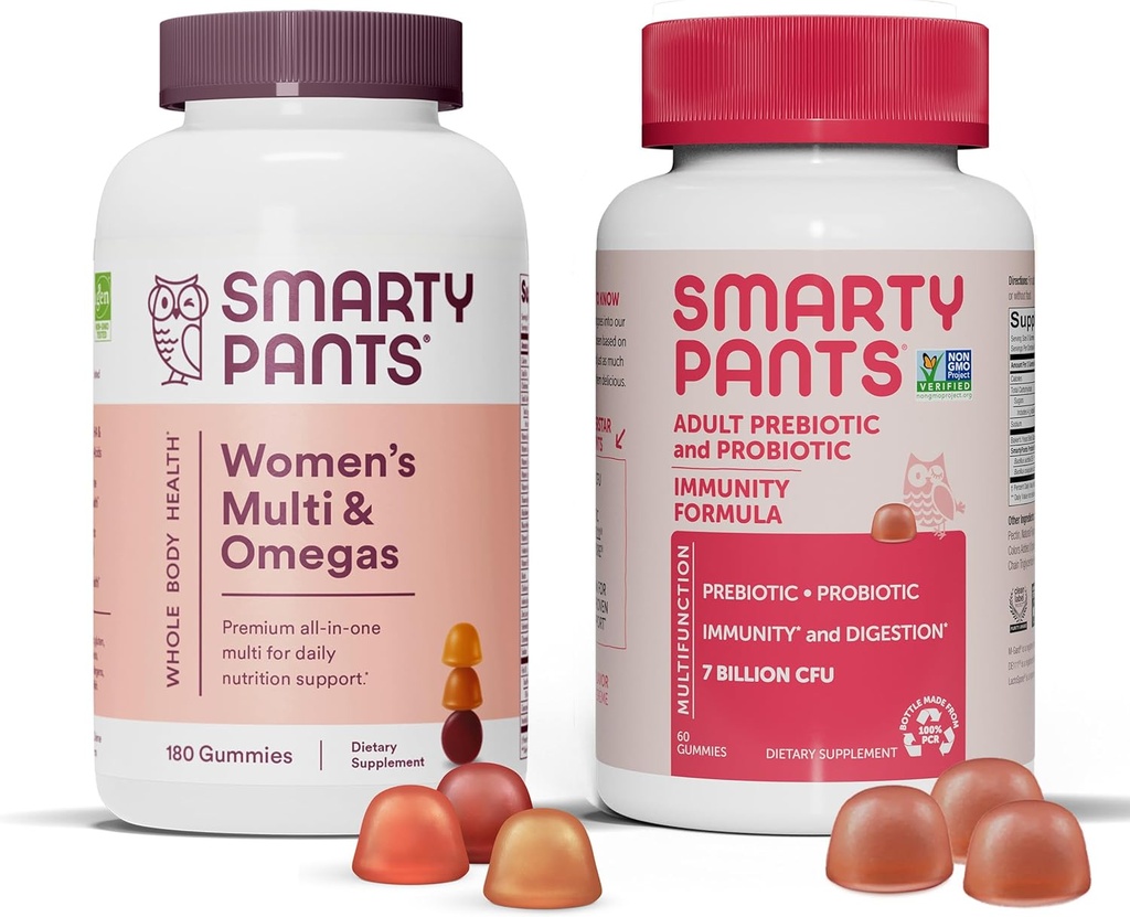 SmartyPants ženski multivitamin in probiotična imuniteta paket: Omega 3 ribje olje (EPA/DHA), metilfolat, CoQ10, vitamin D3, C, Prebavne in imunske podpore dodatek (30 dan dobave)