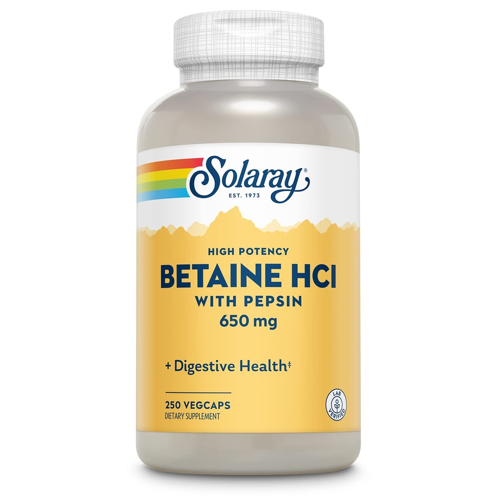 Solaray High Potency Betain HCL s pepsinom - Klorovodikova kislina dodatek za digestivno zdravje - z betain hidrokloridom in digestivnimi encimi - Gut Health Support - 60-dnevni garancija, 250 VegCaps