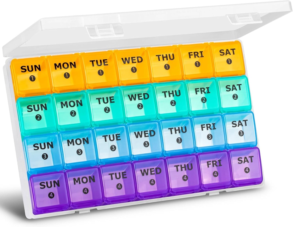 XL veliki mesečni tablete Organizator 4 tedne, 28 dan tablete Organizator teden, velik del s potovalno zadevo, 7 dan tablete Dispenser 4 krat na dan, Medicine Organizator Škatla za vitamine, ribje olje