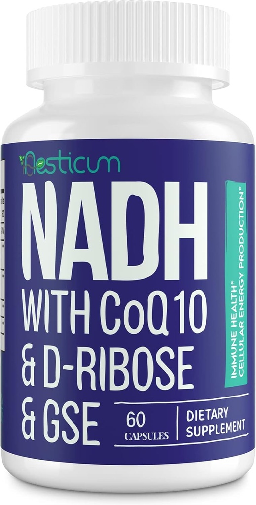 NADH 50 mg + CoQ10 200 mg + D-riboza 150 mg dodatek, povečanje NAD+ Dodatki za imunski sistem, celično energijo, fokus, zmanjšan nikotinamid dinukleotid, 60 Veggie kapsul
