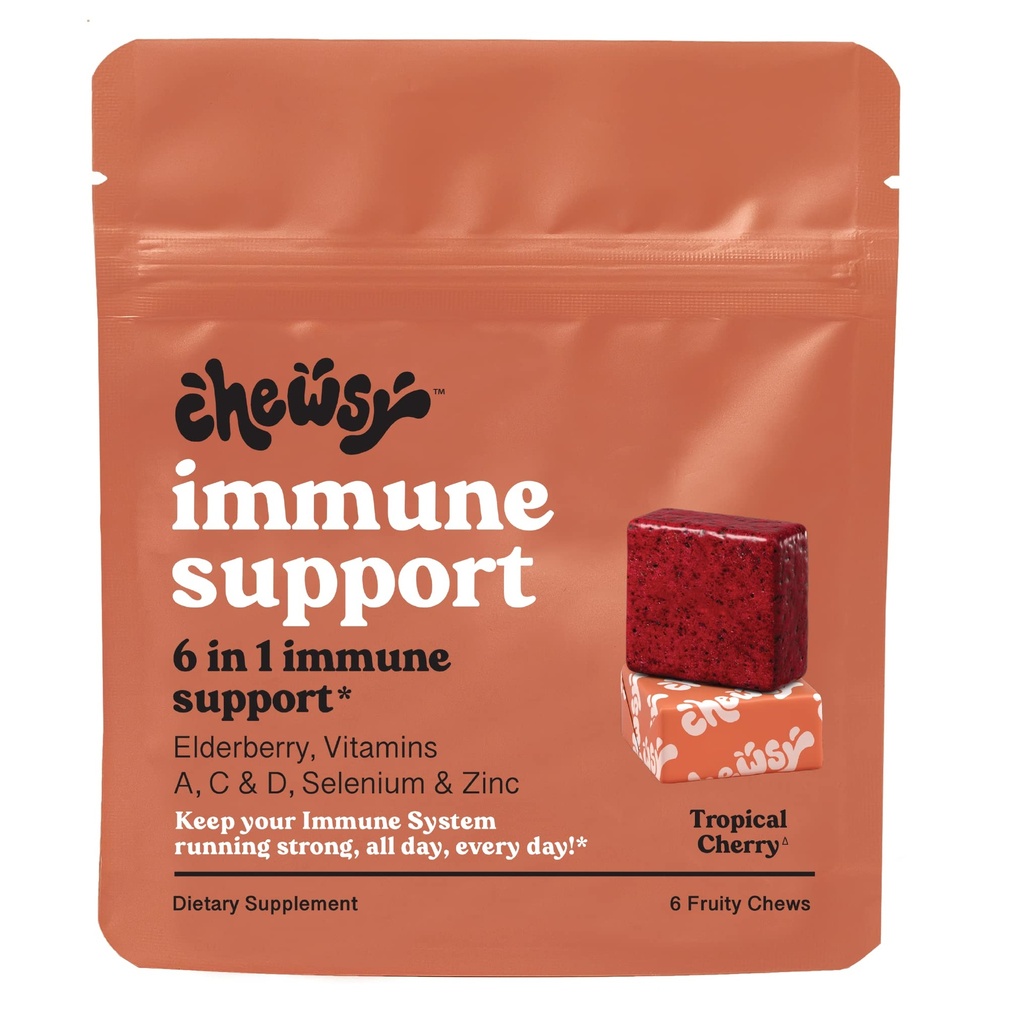 Žvečilni - 6-v-1 Imunska podpora Sadni žveči z bezgovimi jagodami - Vitamin C, A in D, cink in selen - individualno zaviti - 6-dnevno oskrbo