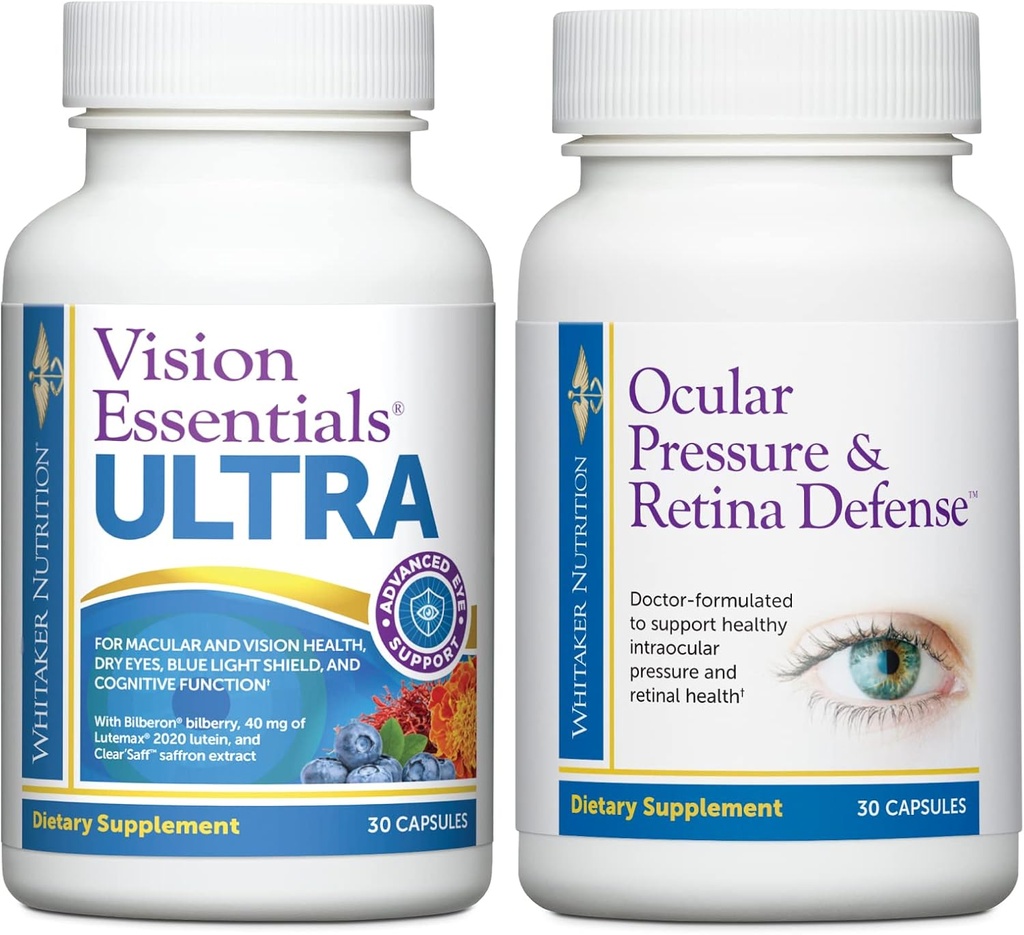 Premium Eye Health Bundle vključuje vizijo Essentials ULTRA za zdravje makule in mrežnice, očesni sevi, očesni tlak, suhe oči in očesni tlak in Retina obrambo za dodatno zdravo intraokularno