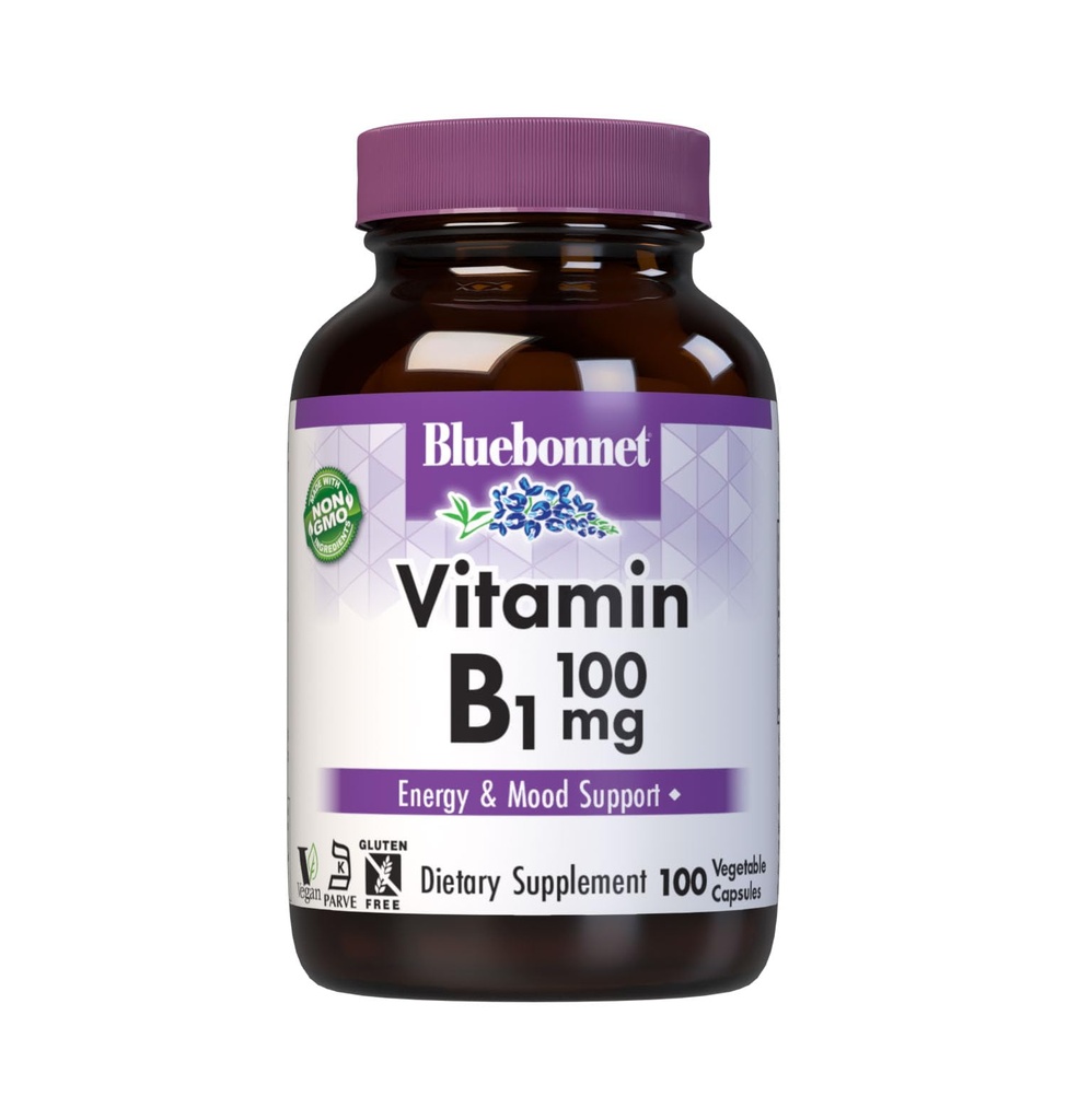 Bluebonnet Vitamin B1 100 mg - Mood Support & Energy Vitamini za ženske in moške* - Tiamin HCl - Non-GMO, Vegan, Košir, Gluten-free - Soy & Dairy-free - 100 Zelenjavnih kapsul, 100 dnevna zaloga