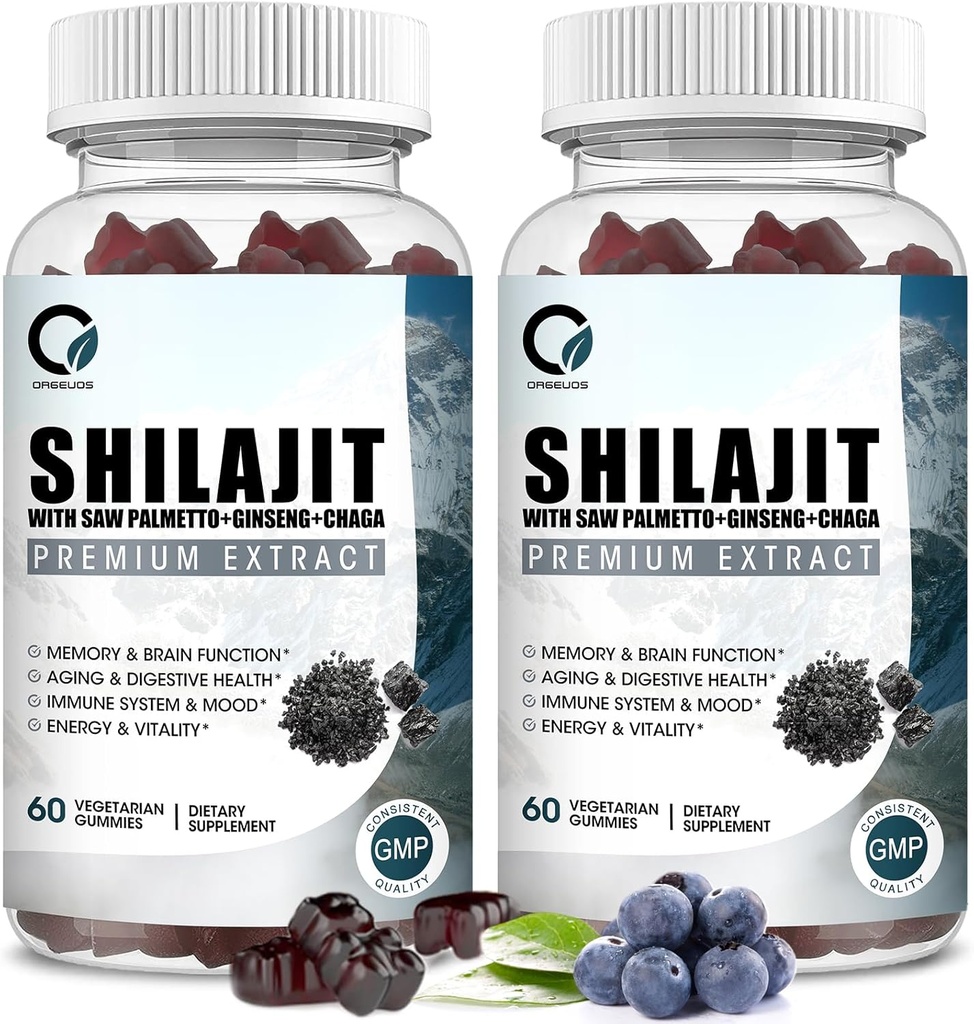 Himalajski Shilajit Gumies z 85+ Trace Minerali & Fulvic Acid for Energy, Imunska, Kognitivna podpora Visoka moč Čista naravna Shilajit dodatek za moške in ženske 60 Gumies (2 paketa)