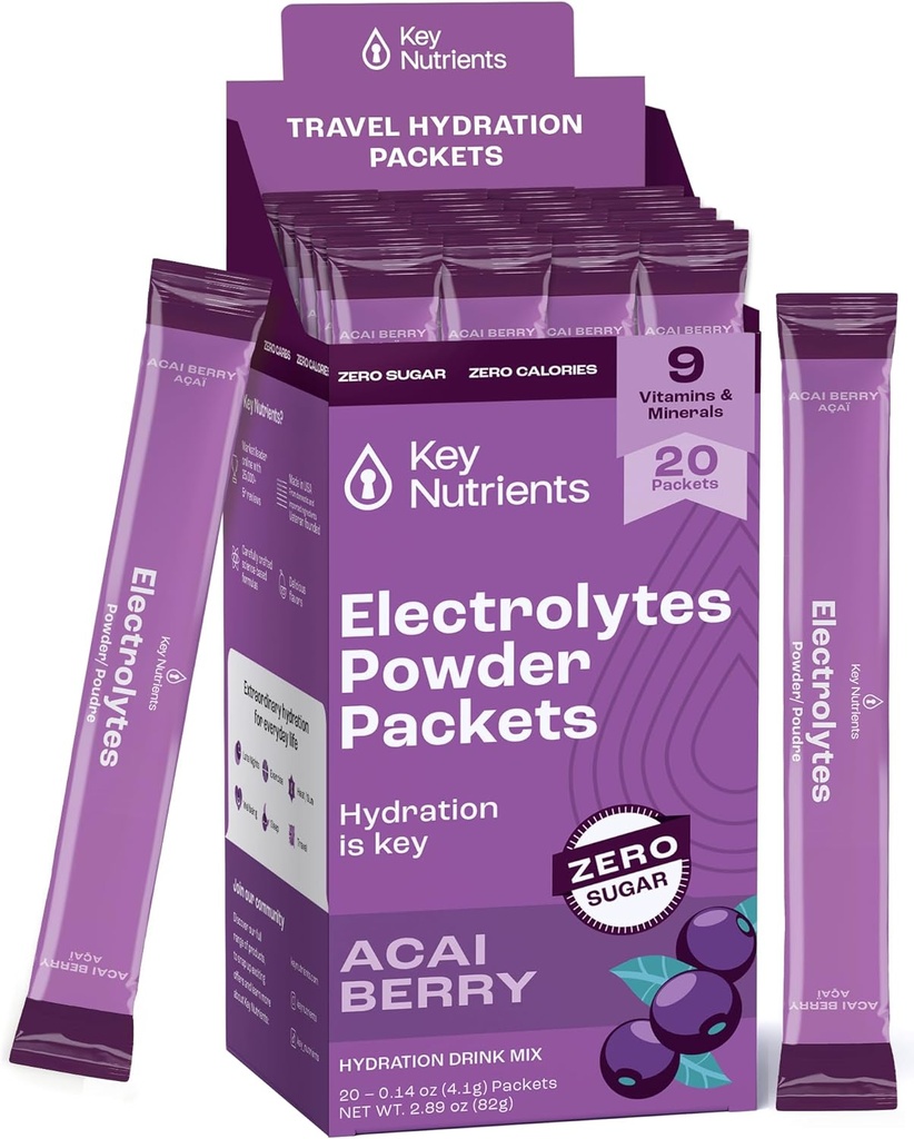 KLJUČNI HRANILCI Multivitaminski elektroliti Powder Packets - Delicious Acai Berry 20 Pack Hydration Packets - Travel Hydration Powder - Brez sladkorja, brez kalorij, brez glutena - Made in USA