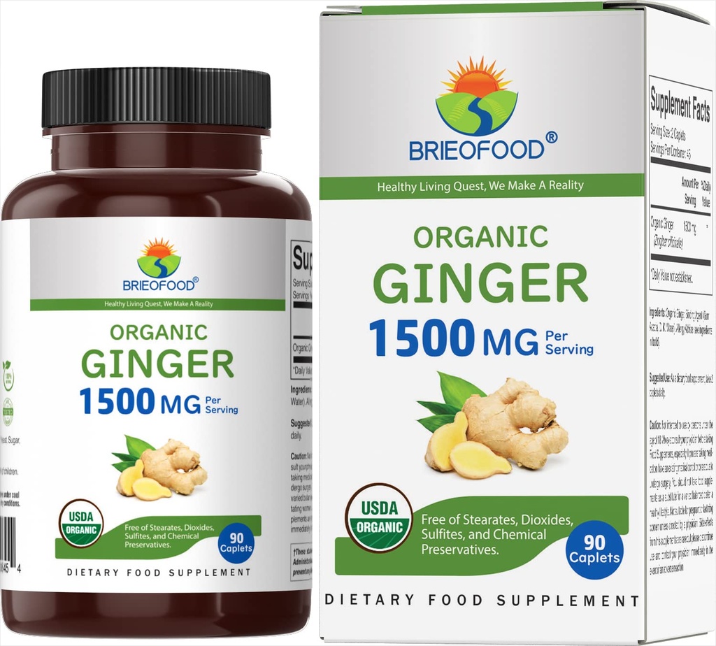 Brieofood Organic Ginger 1500mg, 45 Služabniki, vegetarijanci, Gluten brez, 90 vegetarijanske tablete
