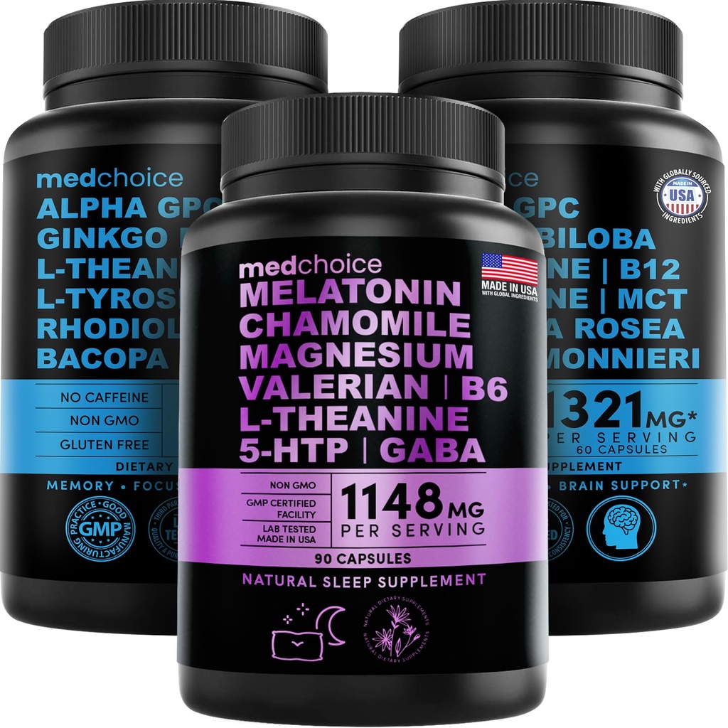 MEDCHOICE Sleep Melatonin (90ct) in Nootropic Brain (120ct) Dodatek Bundle - Wellness Duo za spanje, možgane, fokus, & Mood podpora - Vegan, Ne-GMO, Gluten-free
