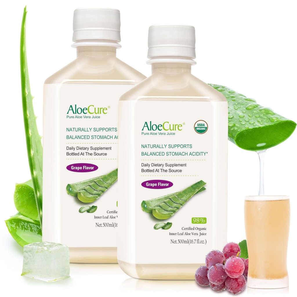 AloeCure USDA Organic Aloe Vera Juice grozdne arome, narejene v 12 urah letine - Pure Aloe Vera Prebavne in imunske zdravstvene dopolnilo, pomaga ohraniti uravnotežene želodčne kisline, 16.7oz x 2 Btls