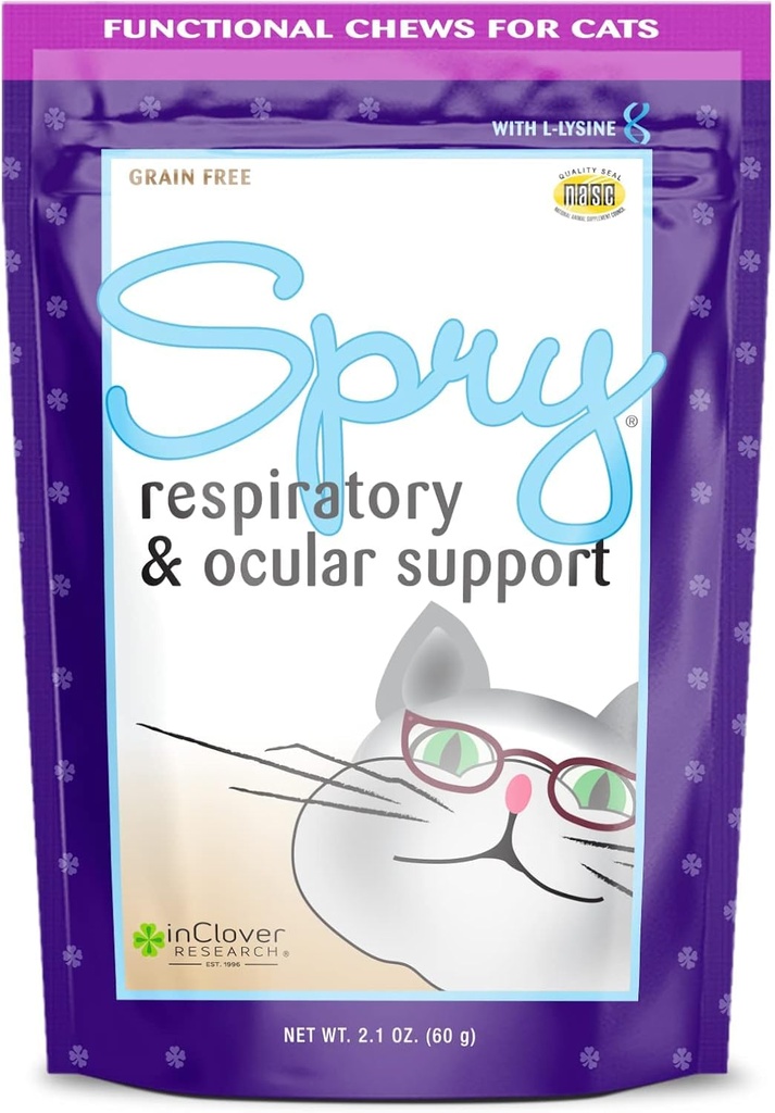 V Clover Spry Daily Respiratory and Ocular Support Soft Chews za mačke, z L-Lysine, Superfoods, in Prebiotics za močan imunski sistem, 2.1 oz. (60 štev.)