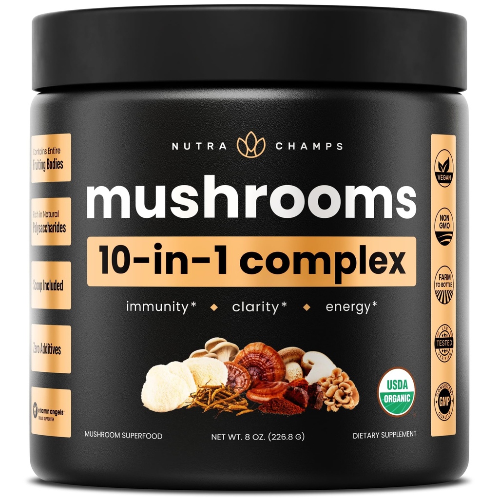 NutraChamps Organske gobe Powder - 10-v-1 Complex - Gobe Dopolnilni prašek Mešanica za spomin, Fokus & Imunska podpora - 8oz (8.0 OZ, goba Mešanica)