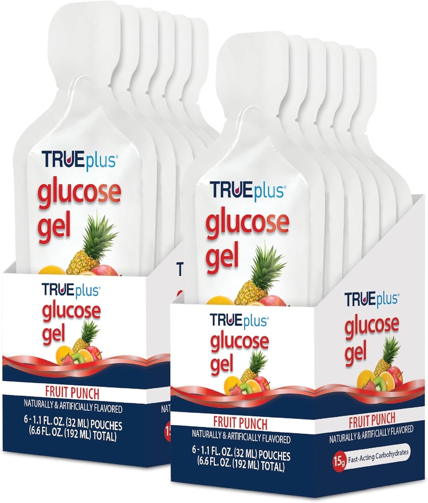 TRUEplus Gel vrečka za glukozo, aroma sadnega puncha, 15g hitro delujoči ogljikovi hidrati, brez maščob, brez glutena, hitra podpora za nizko krvni sladkor in energijo, 12 paketov
