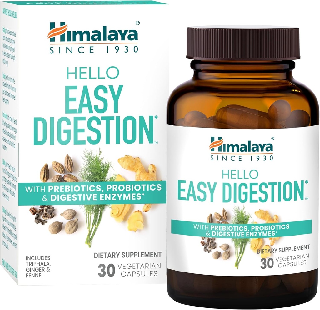 Himalaja Hello Easy Digestive Enzymes z 2 milijardami CFU probiotikov in prebiotikov, Plus 100 mg Herbal Digestive Support with Ginger, Fennel & Triphala, 30 vegetarijanske kapsule