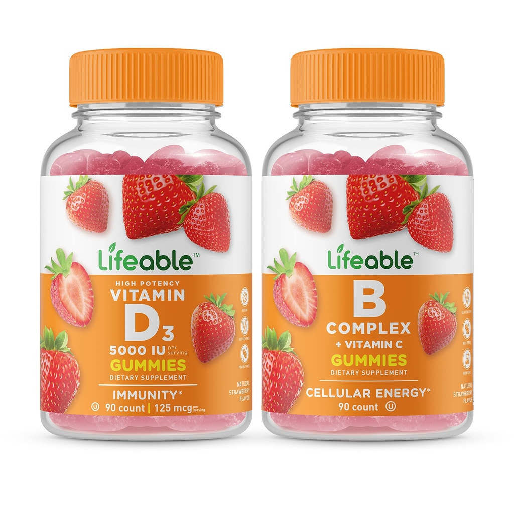 Življenjski vitamin D 5000 i.e. + B kompleks, Gummies Bundle - odlično degustiranje, vitaminski dodatek, Gluten brezplačno, GSO brezplačno, žvečljivi gumi