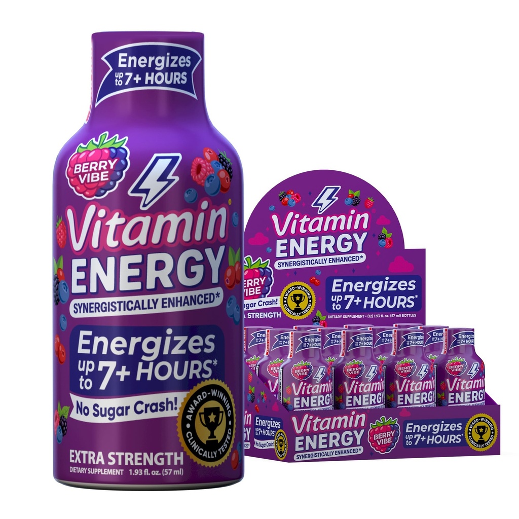 Vitamin Energija Mood+ Ekstra Energija Shot Tropical Berry 12 Pack, 260mg Naravni kofein, B-vitamini, Rhodiola, Kamilica, Mood & Energy Support, Zero Sugar, Gluten-free, Vegan, 1,93 fl oz