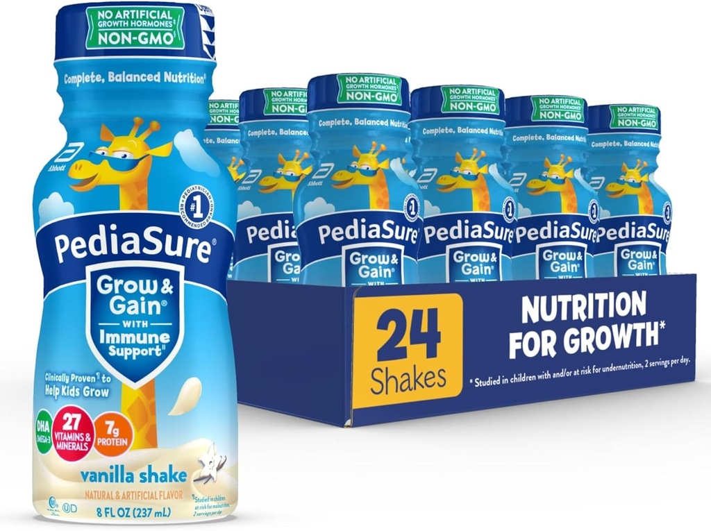Pediasure Goy & Pridobite z imuno podporo, 27 Vitamini in minerali za otroke, 7g beljakovine, Non-GMO, Gluten-free, Vanilla, 8-fl-oz steklenička, pakiranje po 24