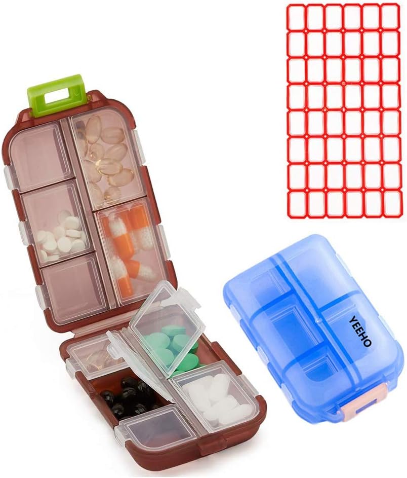 Tableta (2 paket) - Prenosne majhne dodatke Tableta Container Box z 10 Kompartments - Medicine Vitamin Organizator Dispenser Imetnik Skladišče za potovalno žepno torbico(Blue+Chocolate)