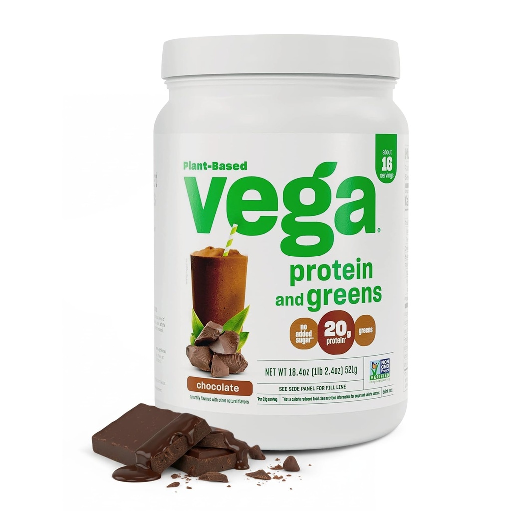 Vega proteini in zeleni proteini v prahu, čokolada - 20g Rastlinske beljakovine Plus vegetarijanci, Vegani, ne gensko spremenjeni organizmi, Pea proteini za ženske in moške, 1,2 lb (Packageing May Vary)