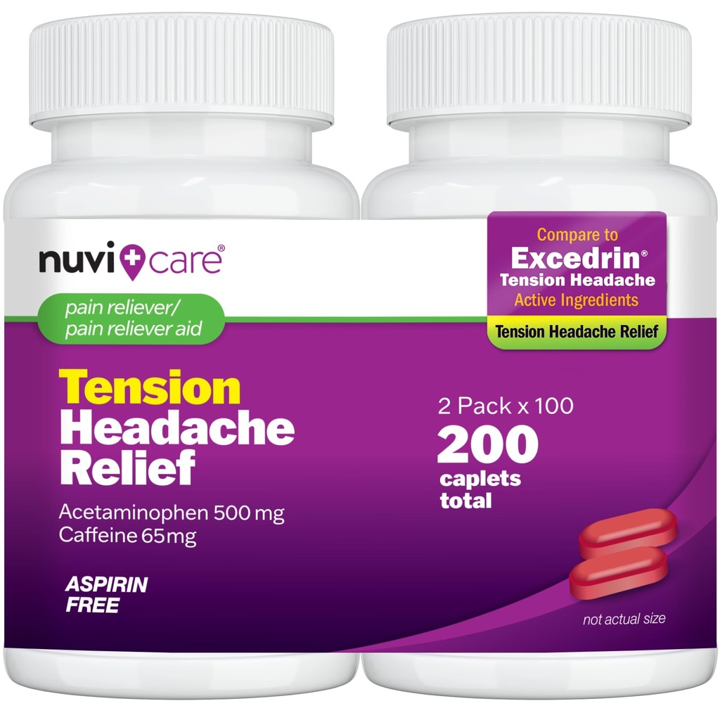 NUVICARE Tension Headache Relief Pills with 500mg Acetaminophen and 65mg Caffeine - Non Aspirin Pain Reliever Aid - Compare to Active Ingredient in Aspirin Free Excedrin Tension Headache (2 Pack)