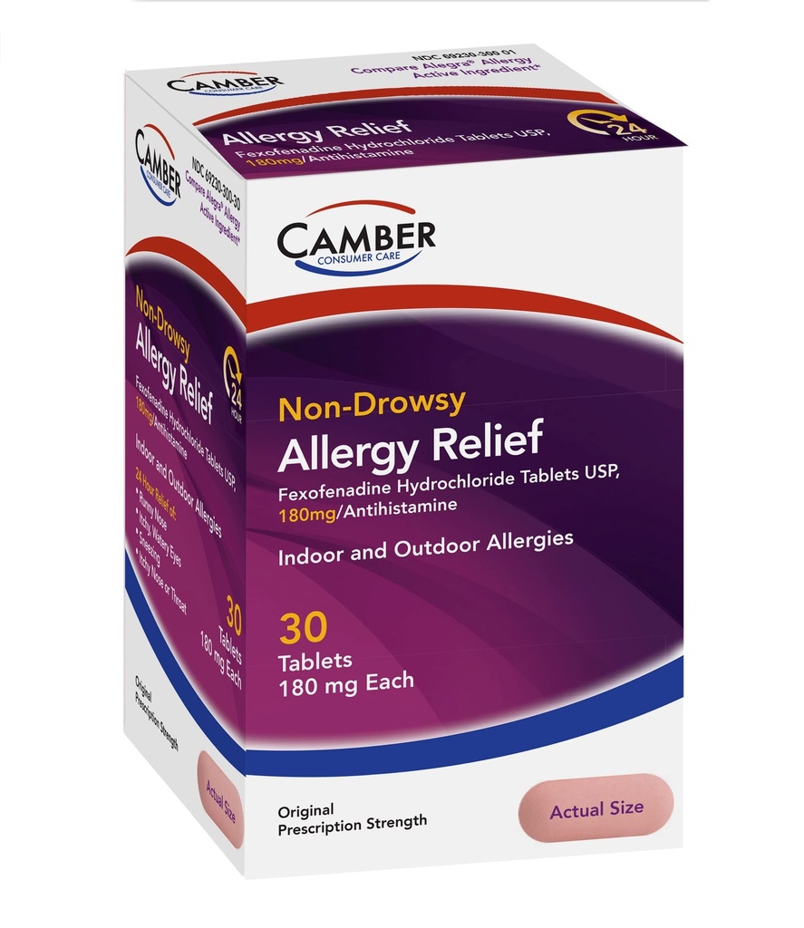 Camber Consumer Care Adult Non-Drowsy Antihistamine Tablets for 24-Hour Allergy Relief, Fexofenadine HCl 180 Mg, 30 Tablets.