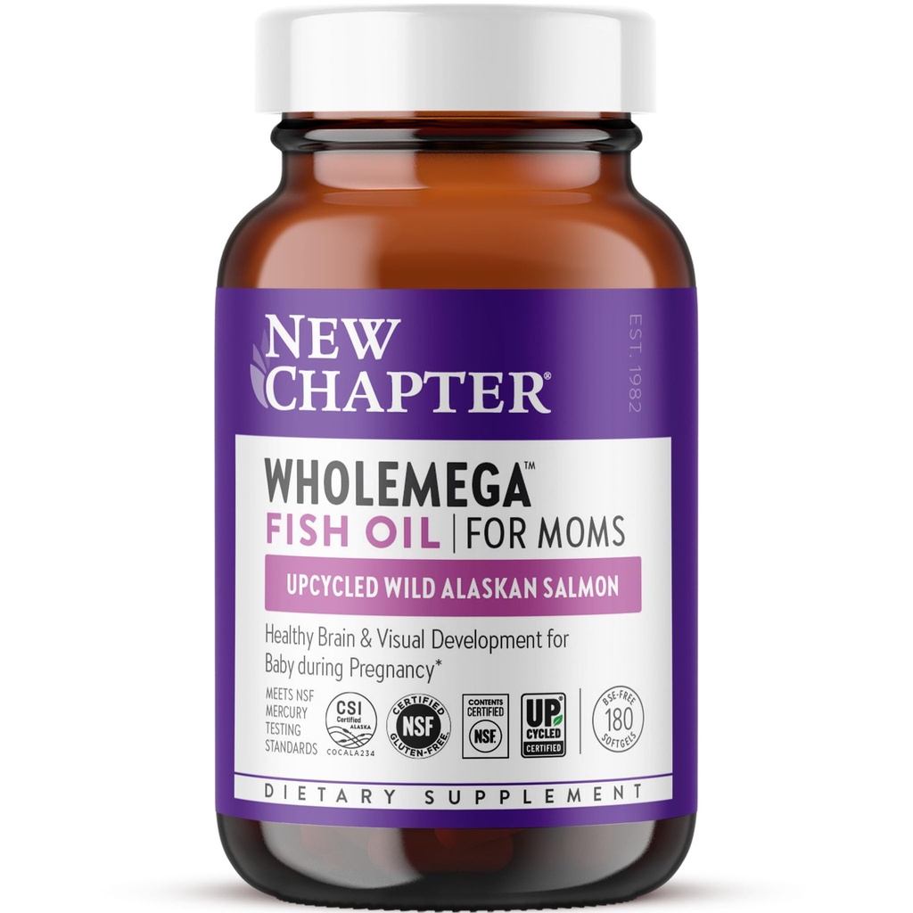 New Chapter Wholemega for Moms Fish Oil Supplement, Tiny Capsules, 2000mg per Serving, Prenatal DHA with Omega-3 + Vitamin D3 for Prenatal & Postnatal Support, 500mg Each - 180 Count