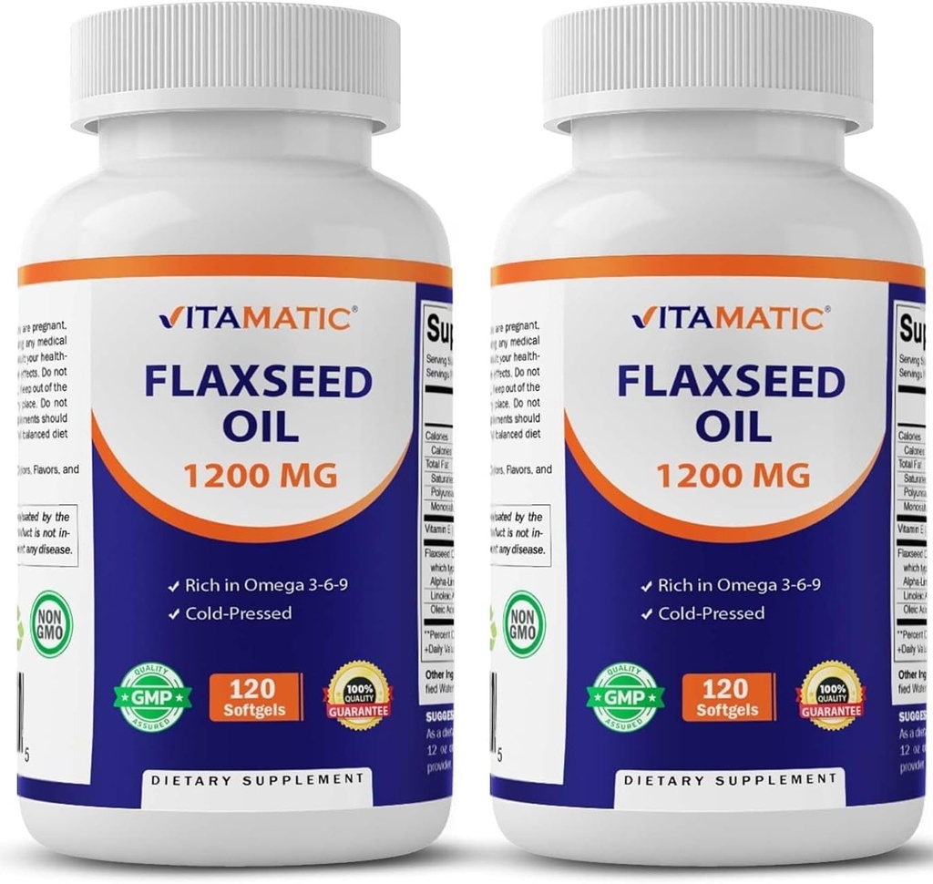 Vitamatsko 2 paket laneno olje 1200mg 120 iz hladno stisnjenih lanovih semen - 675 mg ALA Omega 3 Maščobne kisline za izboljšanje zdravja srca