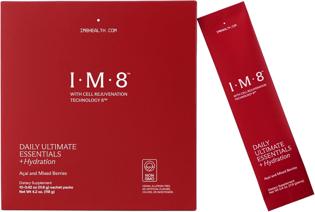 IM8 Daily Ultimate Essentials All-in-One Multivitaminski dodatek, 92 Nutrient Rich sestavine CoQ10, probiotiki, vitamini, zeleni, Gluten Free, Vegan, Acai Mixed Berry (10 strežbe, potovalna pakiranja)