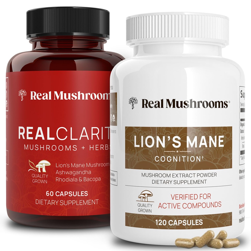 Realne gobe RealClarity (60ct) in Lions Mane (120ct) Kapsule Bunde - Gobe dopolnilo za zdravje možganov, duševno jasnost, Fokus, Kognition & Imunska podpora - Brain Vitamins w/Ashwagandha