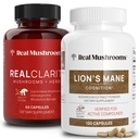 Realne gobe RealClarity (60ct) in Lions Mane (120ct) Kapsule Bunde - Gobe dopolnilo za zdravje možganov, duševno jasnost, Fokus, Kognition & Imunska podpora - Brain Vitamins w/Ashwagandha