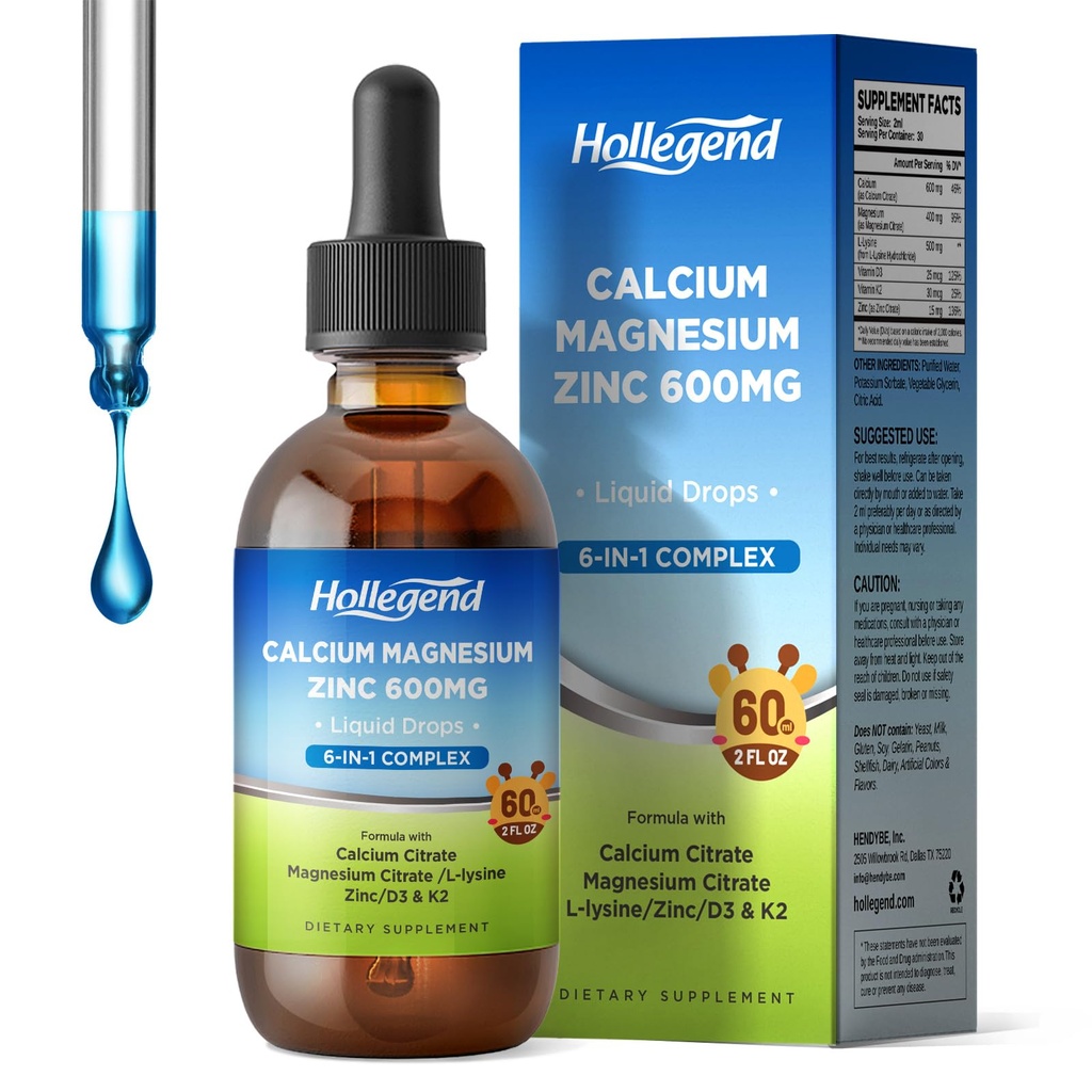 Tekoči kalcijev citrat Kapljice z L-Lysine 500mg, magnezij in cink, kalcijev citrat 600mg dodatek z vitaminom D3 & K2 za otroke in odrasle, 2 Fl Oz
