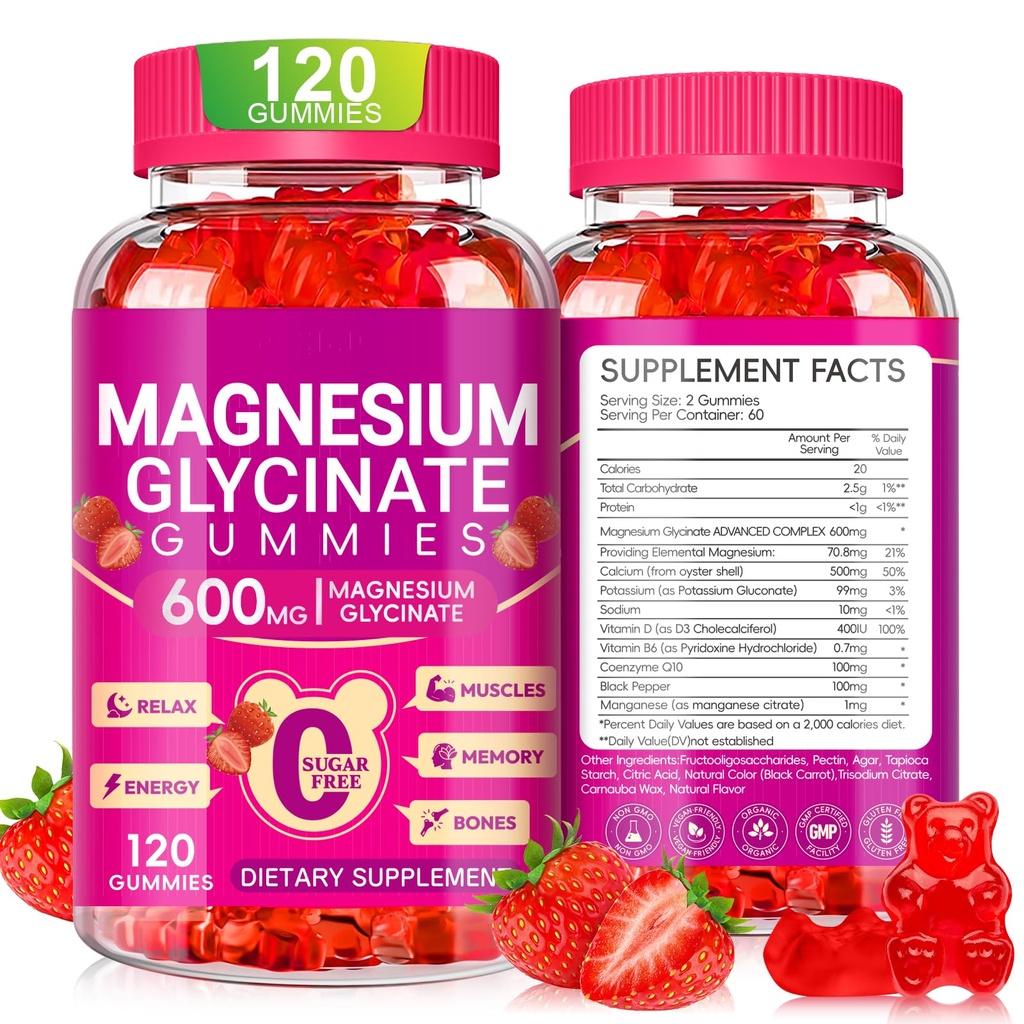 Magnezij Glycinate Gumies 600mg, Žvečljivi sladkor Brez kalija Magnezijev Gumies z magnezijevim glicinatom, vitamin D, B6 in CoQ10 za spanje, sprostitev, možgane in mišice, 60 dni dobave