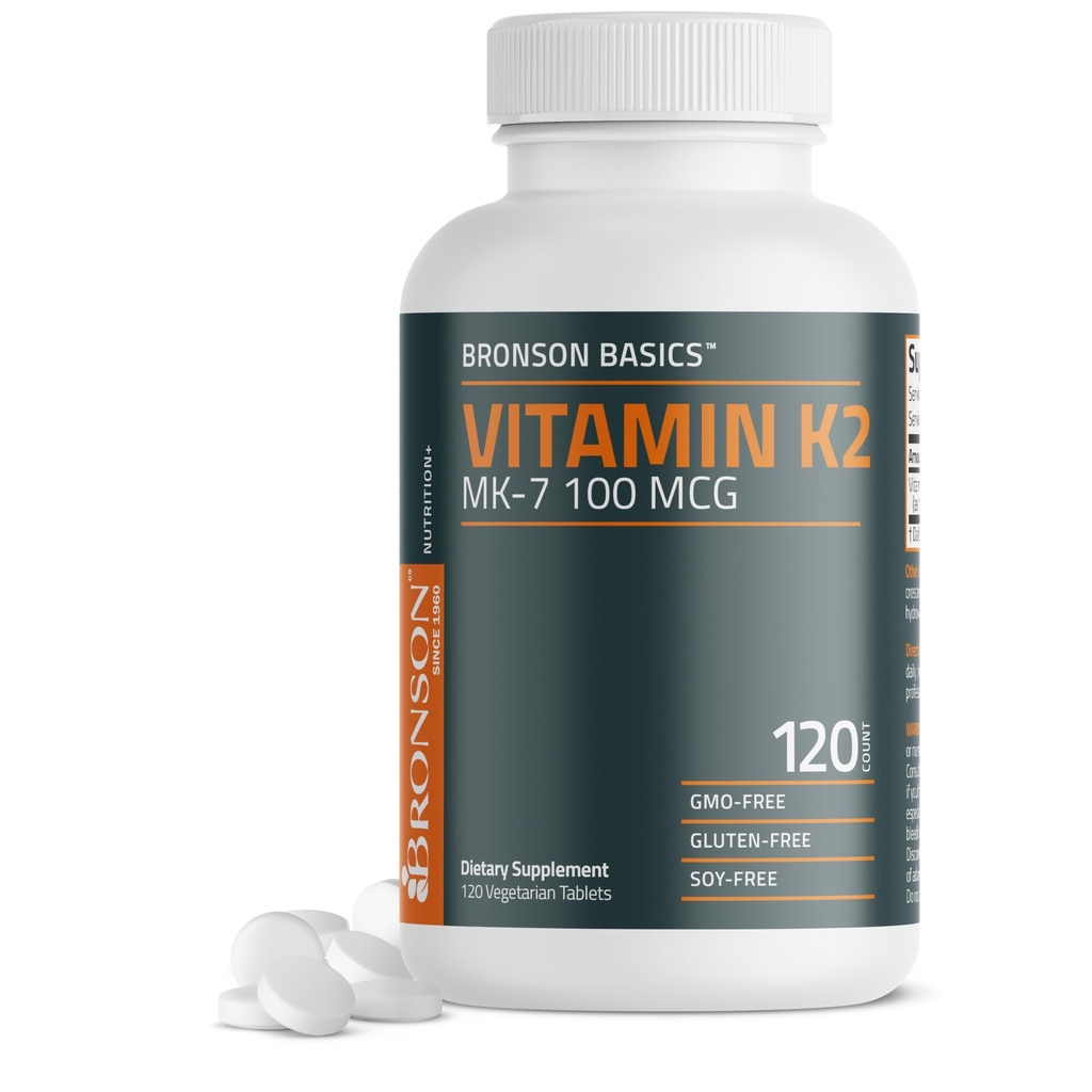 Bronson Vitamin K2 MK-7 100 MCG, K2 kot MK7 menakinon, podpora za kosti ne- GMO, 120 tablet