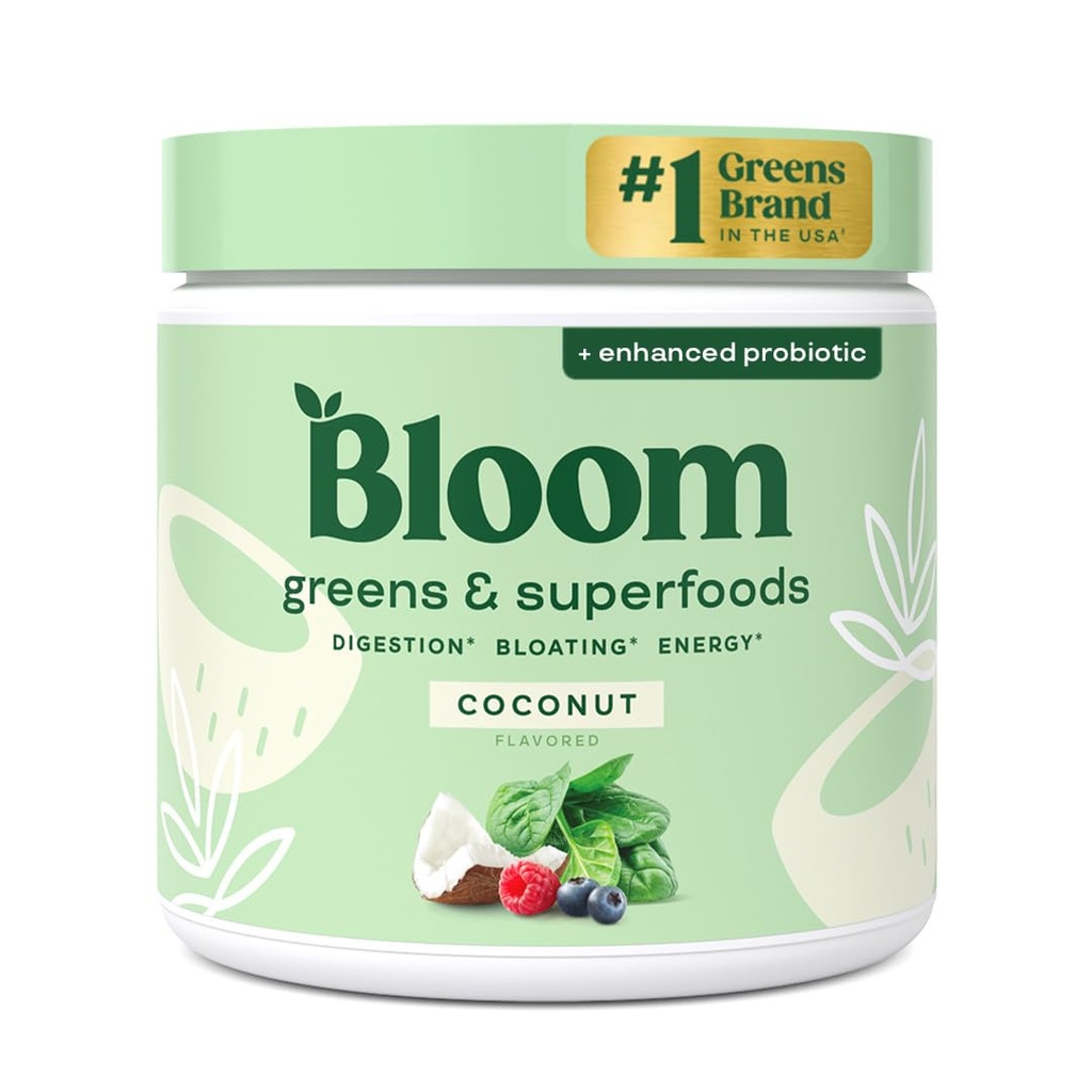 Bloom Nutrition Superfood Greens Powder, Prebavne encime s probiotiki in prebiotiki, Gut Health, Bloating Relief za ženske, Klorella, Green Juice Mix z peso korenskega prahu, 30 SVG, Coconut