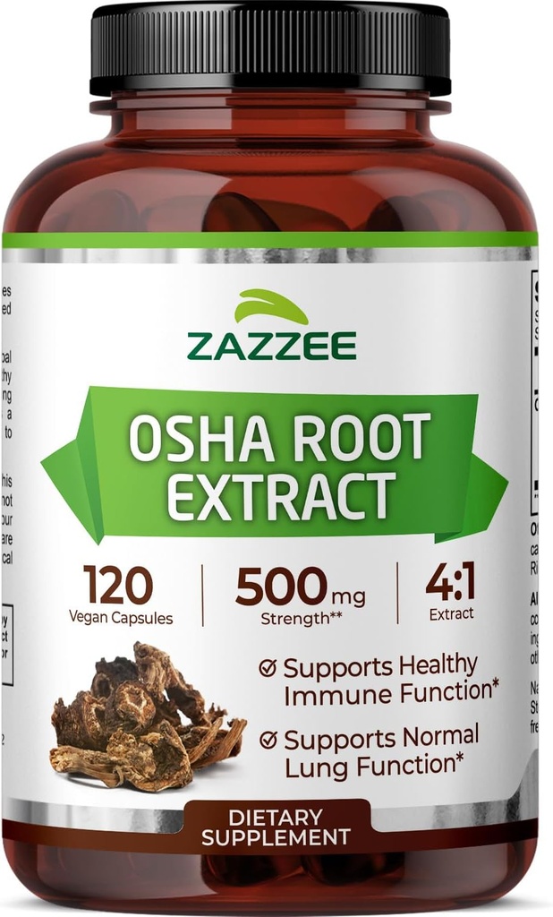 Zazzee OSHA Root 4:1 Extract, 500 mg Jakost, 120 Veganske kapsule, zaloga 4 mesecev, koncentriran in standardiziran 4X ekstrakt, 100% Vegetarian, Ligusticum porteri, Vse-naravni in ne-GMO