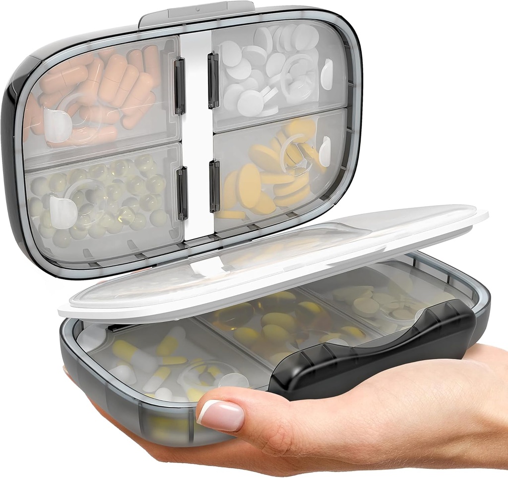 Potovalne tablete Organizator - Airtight Medicine Primer za potovanje Portable Lekarna Box z nalepkami Vitamin Container 8 Kompartment Dopolnilno zdravilo Imetnik velike zmogljivosti dnevno (črna-2)