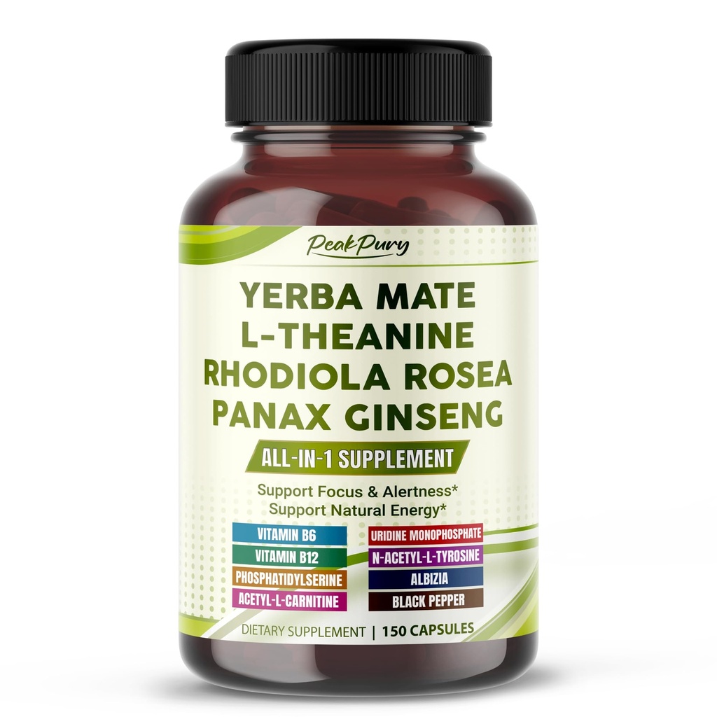 Ultra All-in-1 Yerba Mate, L-Theanine, Rhodiola & Panax Ginseng – Supports Mental Focus & Natural Energy – 150 Capsules