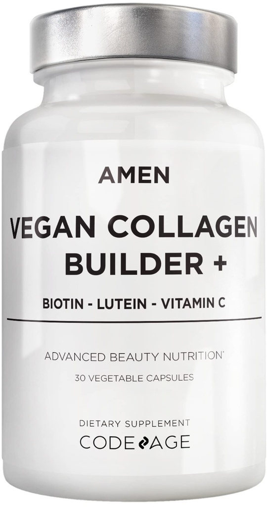 Amen Rastlinski veganski kolagen gradbeni dodatek - Ekološka cela živila, lutein, vitamin C, biotin, lizin, Proline kolagen Boosters - Organska brusnica, limona, jagoda - enkrat na dan - 30 kapsul