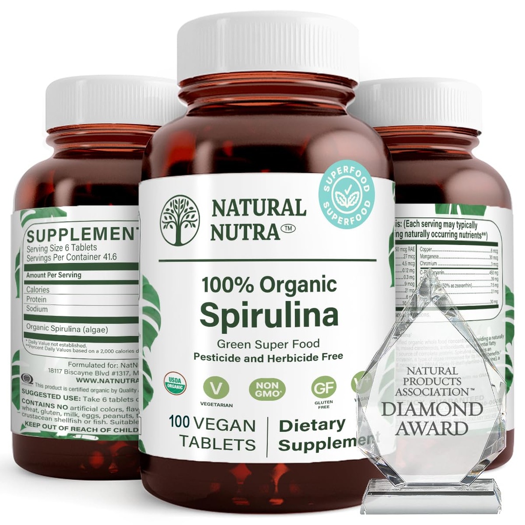 Natural Nutra 100% USDA Organic Spirulina tablete, pomaga ohranjati telesne maščobe, spodbuja zdravje jeter, spodbuja imunski sistem, pomaga izboljšati presnovo, spodbuja imuniteto, 300mg, 100 Veganske tablete