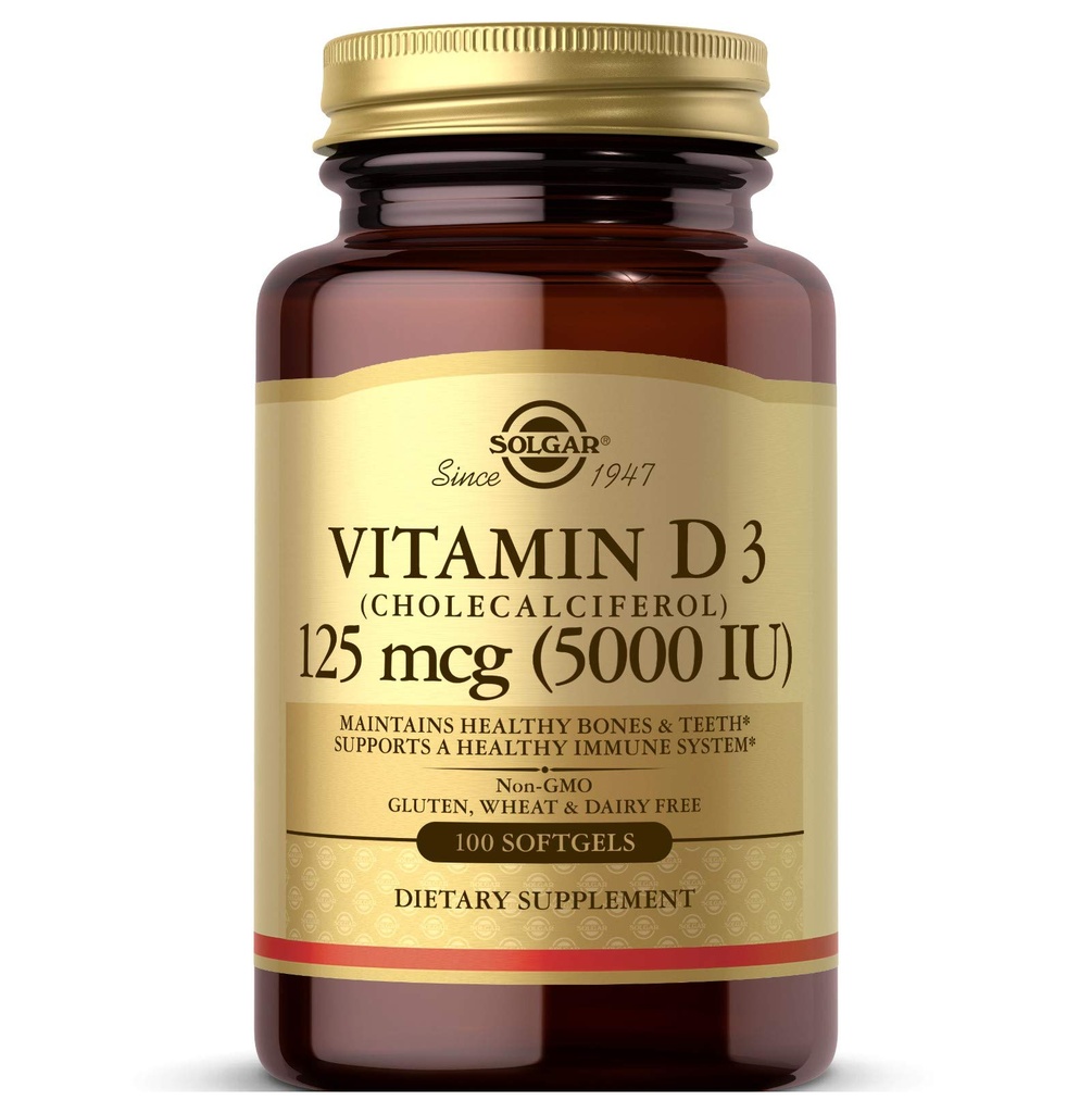 Solgar Vitamin D3 (Cholekalciferol) 125 MCG (5000 i.e.), 100 Softgels - pomaga ohranjati zdrave kosti in zobe - Imunski sistem podpora - Ne GSO, Gluten-free, Dairy Free - 100 Servings