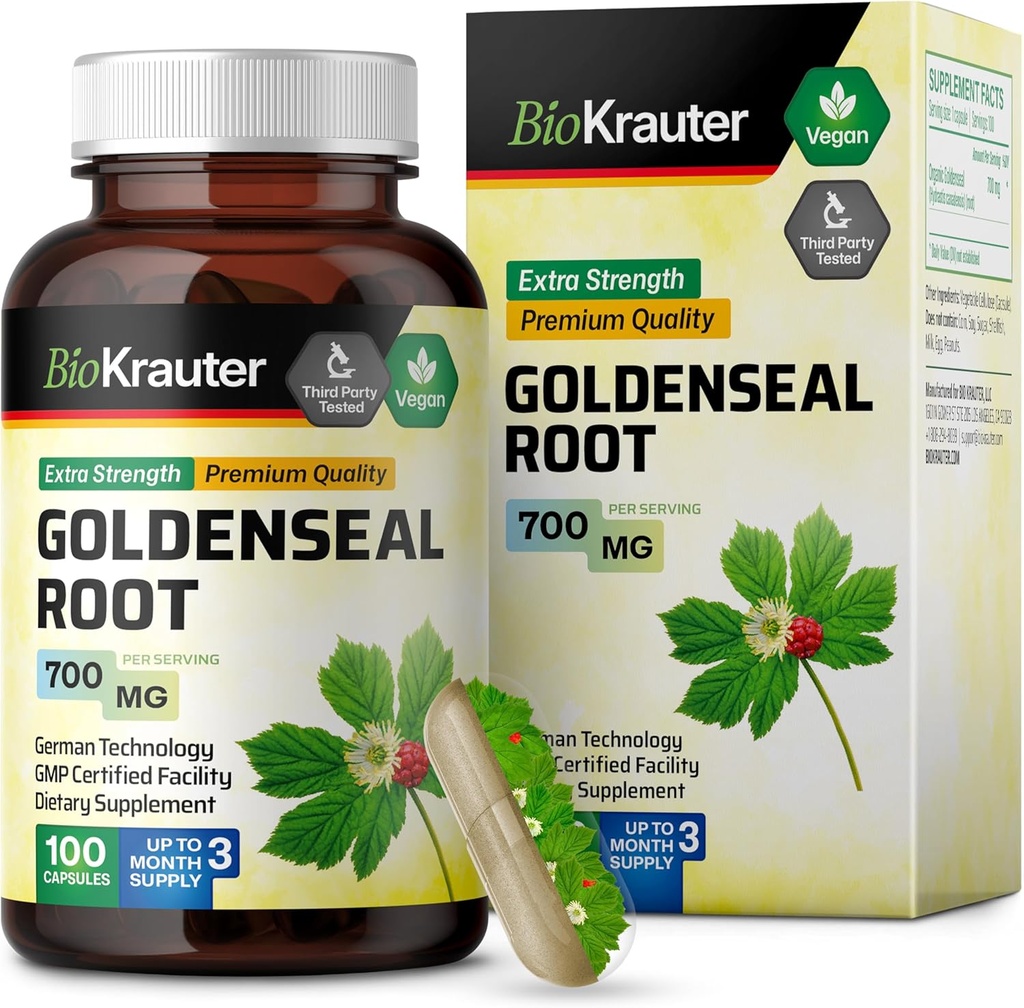 BIO KRAUTER Root Kapsule Goldenseal 700 mg - 100 pokrovčkov powder z zlatim pečatom - dihalna in prebavna podpora - Veganska, brez polnil