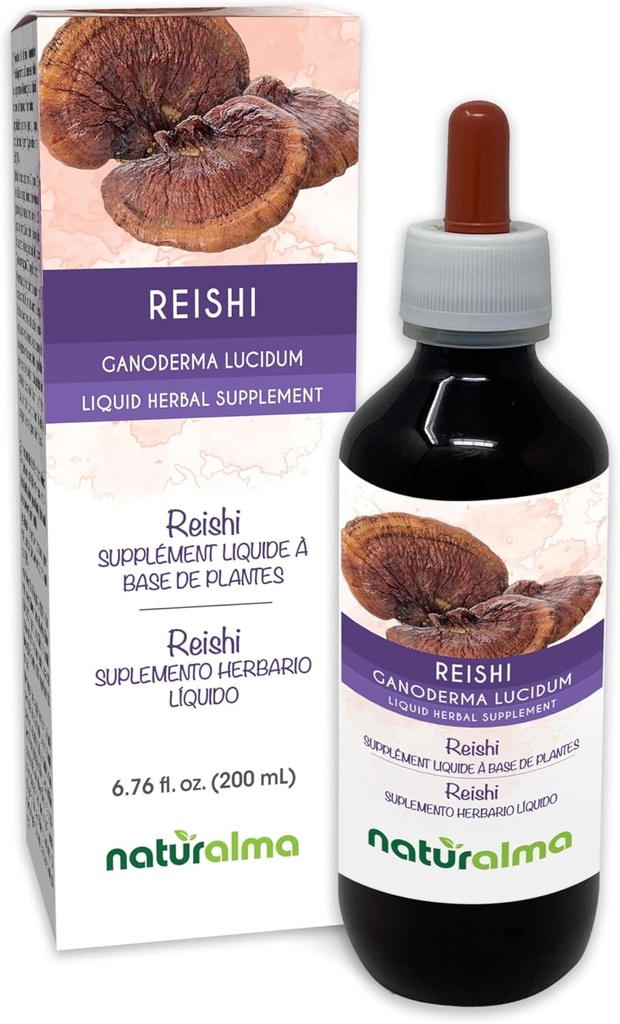 Naturalma Reishi (Ganoderma lucidum) Fungus ali goba brez alkohola Tinktura - 6.76 fl oz Tekoči ekstrakt v kapljice - Zeliščni dodatek - Vegan