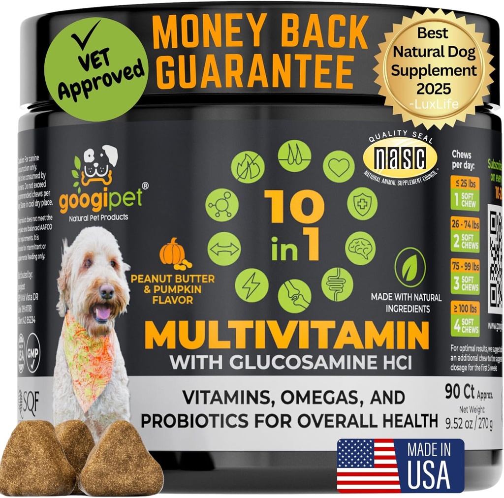 Googipet Premium 10 v 1 Dog Vitamini Multivitaminski žvečljivi s probiotiki za zdravje črevesja, pasji vitamini in dodatki w/vitamin C & glukozamin za skupno podporo (Peanutovo maslo in bučna aroma)