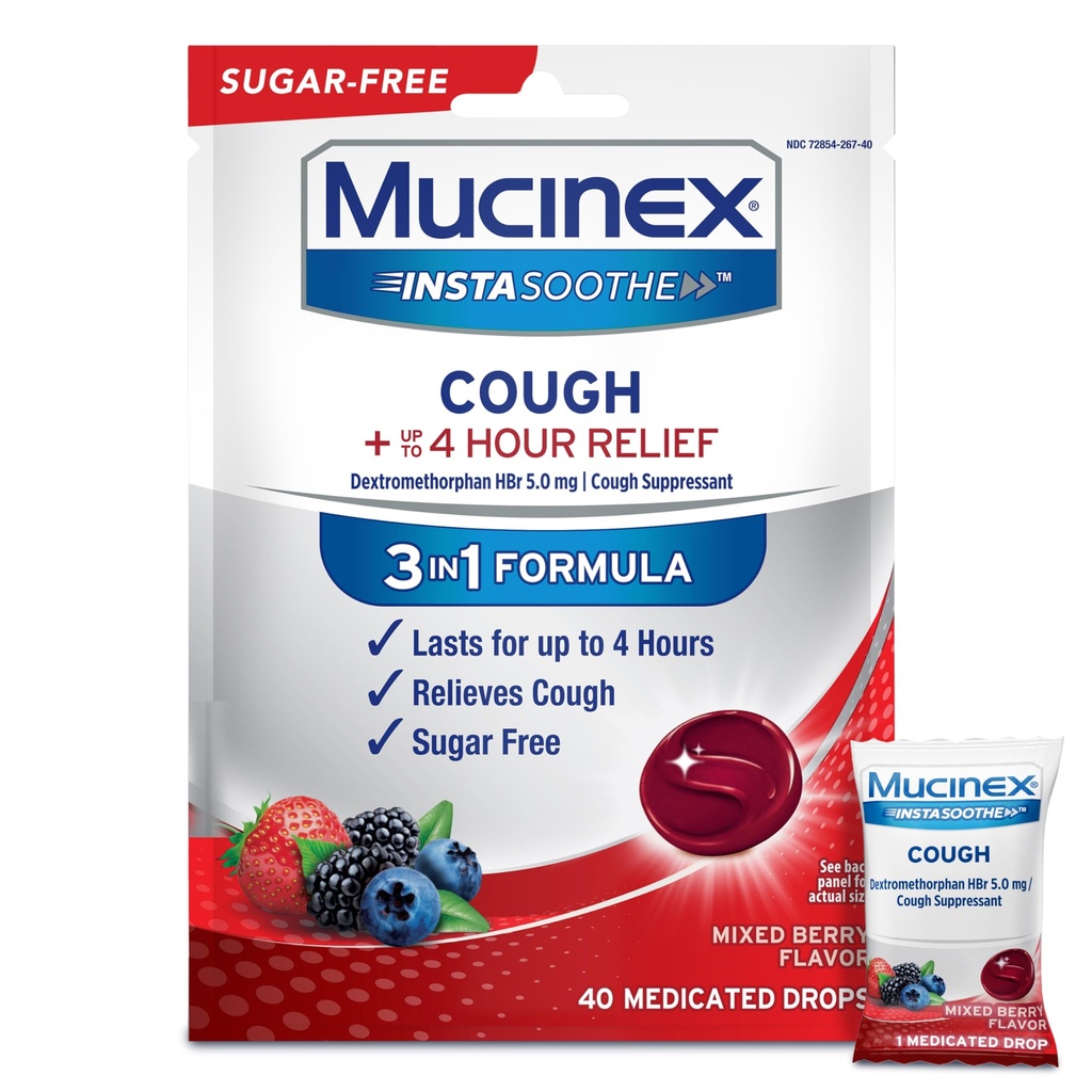 Mucinex Instasoothe Sugar Free Kašelj Kapljice, Kašelj Medicina za odrasle z Dextrometorfan HBr, Non Mentol kašelj Kapljice, Kašelj Supresant Lozenges, Mešano Berry Medicated Kašelj Kapljice, 40ct