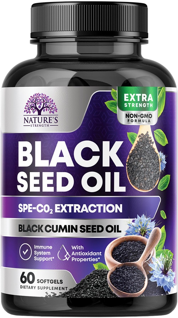Kapsule črnega olja 1000mg s Thymokinonom - Pure Nigella Sativa za zdravje kože in imunske podpore, 100% črnosemensko olje, Neverjetna ekstrakcija nad hladno stisnjeno črno seme Cumin - 60 Softgels