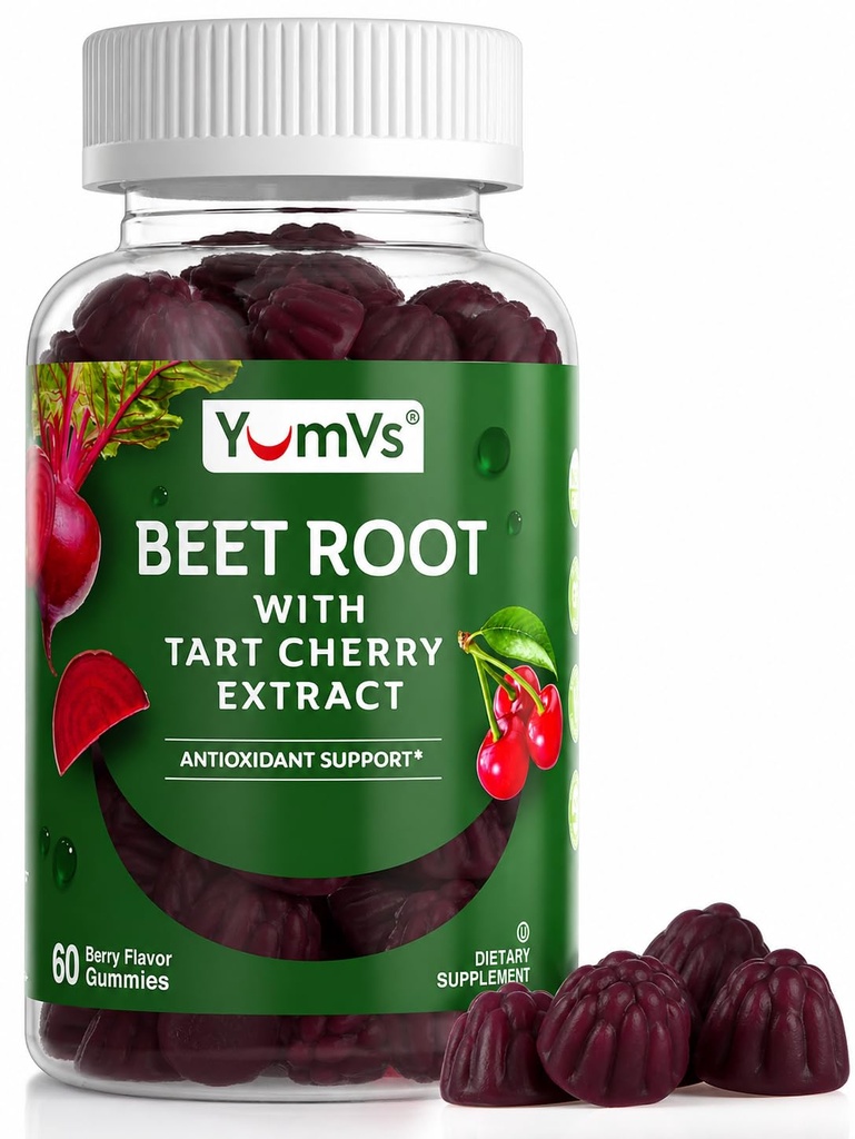 YUM-V'S Beet Root Gummies z izvlečkom češnjeve pite - Berry Flavor Beetroot Gummies - Beet Chews for Blood Circulation and Antioksidant Support - Red Beets Gummies (Berry 60 Count (Pack of 1)