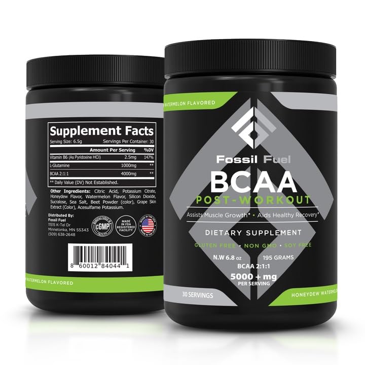 Fosilno gorivo BCAA brez sladkorja v prahu za postworkout z BCAA, glutaminom, vitaminom B6 po treningu, aminokislinami za okrevanje mišic, vzdržljivost in hidracijo, medeno lubenico (30 obrokov)