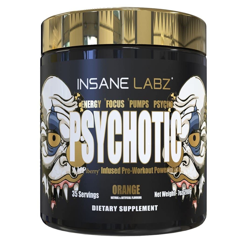 Insane Labz Psychotic Gold, High Stimulant Pre Workout Powder, Extreme Trading Energy Focus, Črpalke in vzdržljivost z Beta Alanine, DMAE Bitartrate, NO Booster (35 Serving, Orange)