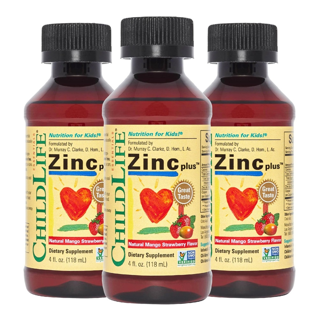CHILDLIFE ESSENTIALS Tekoči cink Plus za otroke & Toddler - Tekoči dodatki kapljice, cinkov glukonat in baker za imuno podporo - Mango Jagoda, 4 Fl Oz (Pack of 3)