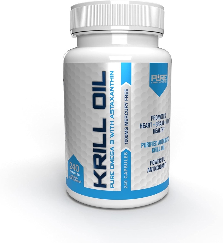 Pure Label Nutrition Fresh Antarktic Krill Oil 1000mg, Omega 3's, Extra EPA & DHA softgels z antioksidant Astaksantin. Heart Health Supplement in brez ribjega pookusa. 240 gel kapic