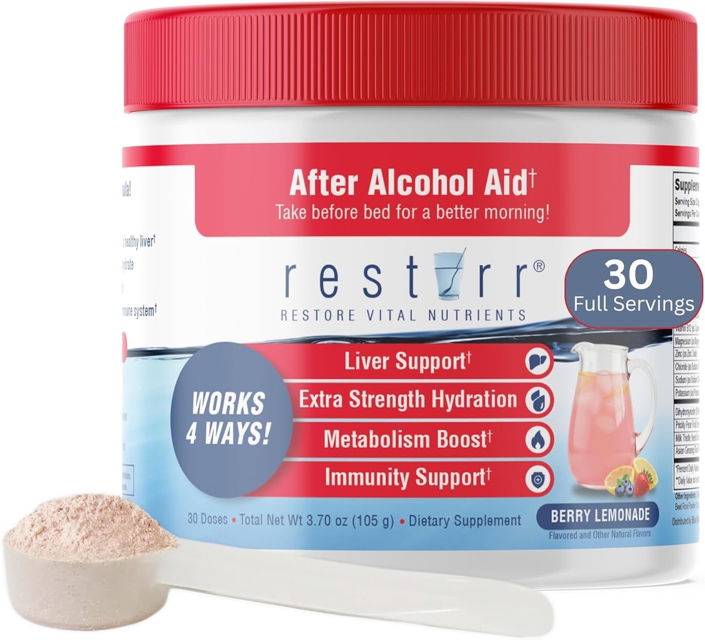Restirr After Alkohol Aid & Recovery: Podpira zdravje jeter, krepi presnovo in podpira imunski sistem z DHM, Milk Thistle, B- Complex, Hidracija. 30 odmerkov